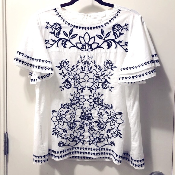 CHARTER CLUB- Navy Blue Embroidery on White Cotton Blouse. Size L - Picture 3 of 10